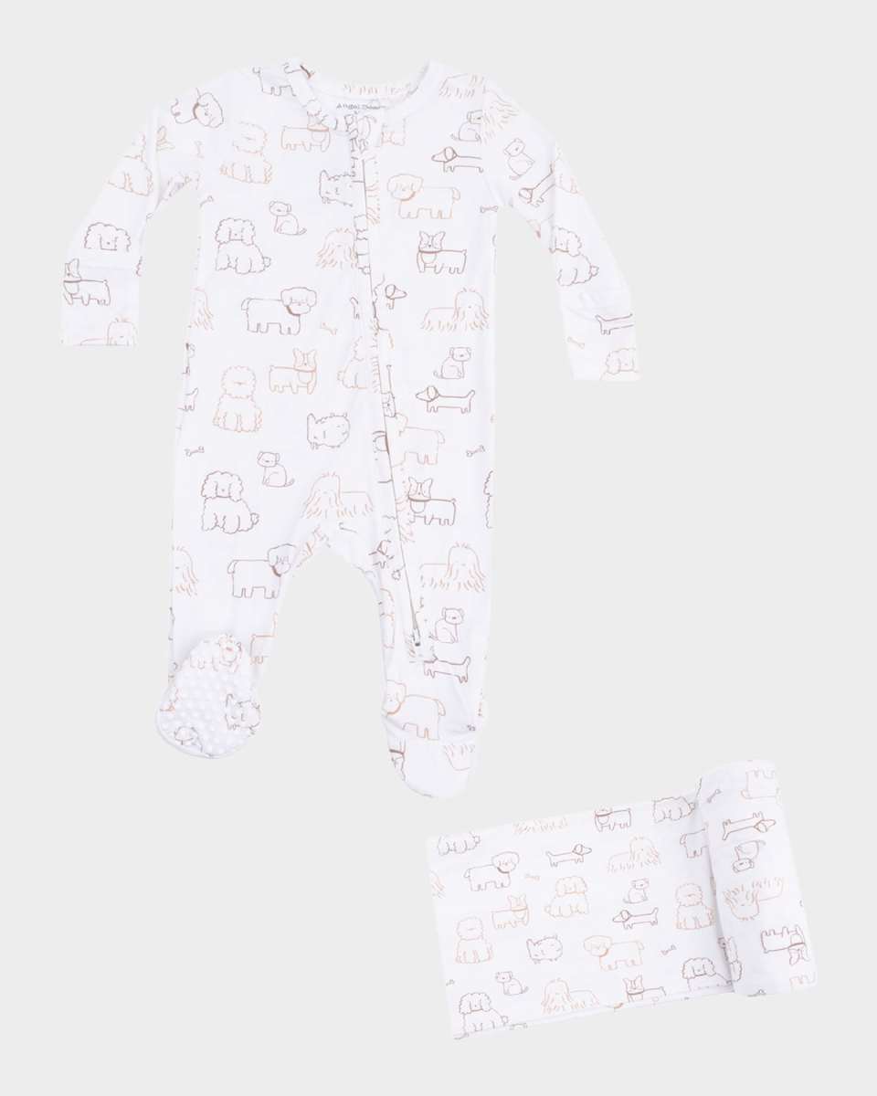 Boy's Neutral Pups Footie Romper & Swaddle Blanket, Size Newbor